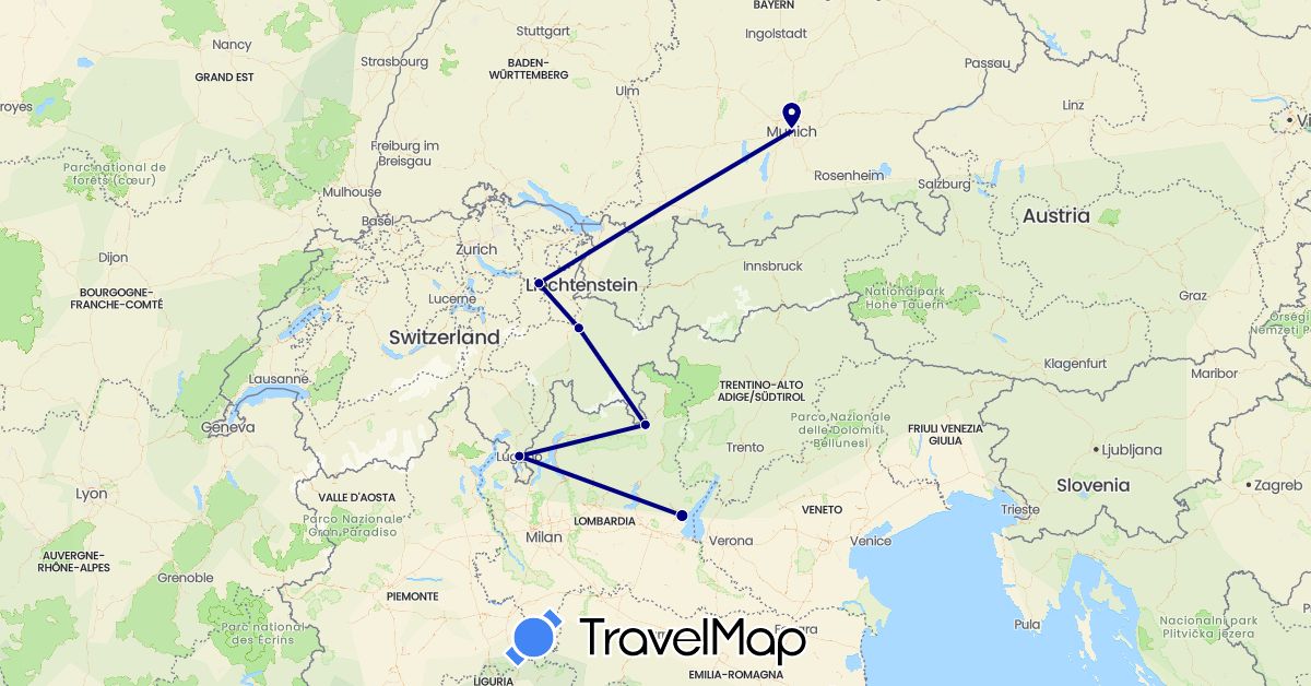 TravelMap itinerary: driving in Switzerland, Germany, Italy (Europe)
